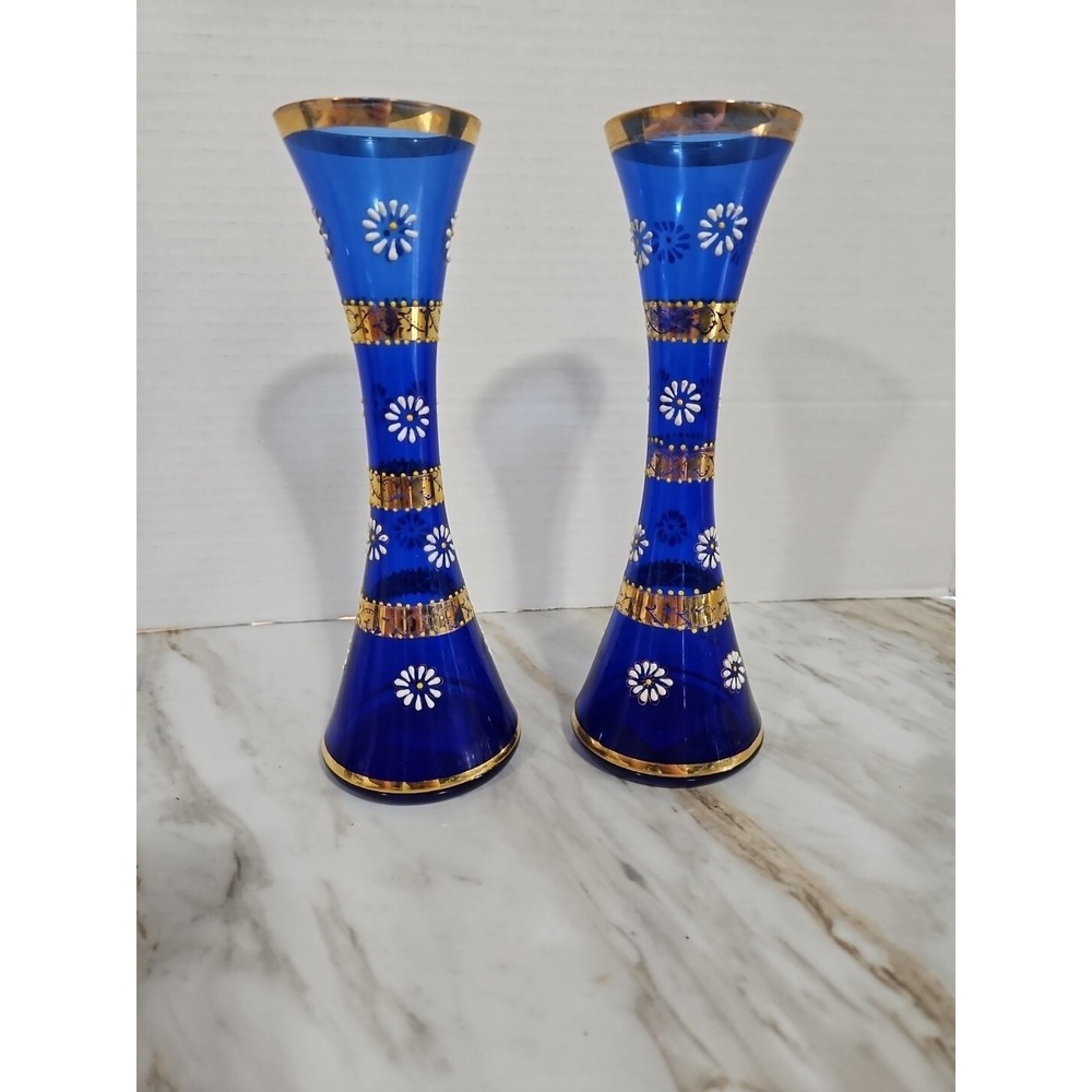Vtg Cobalt Blue Flower Vases Bud Vase Handpainted Flroal Design With Gold Accent